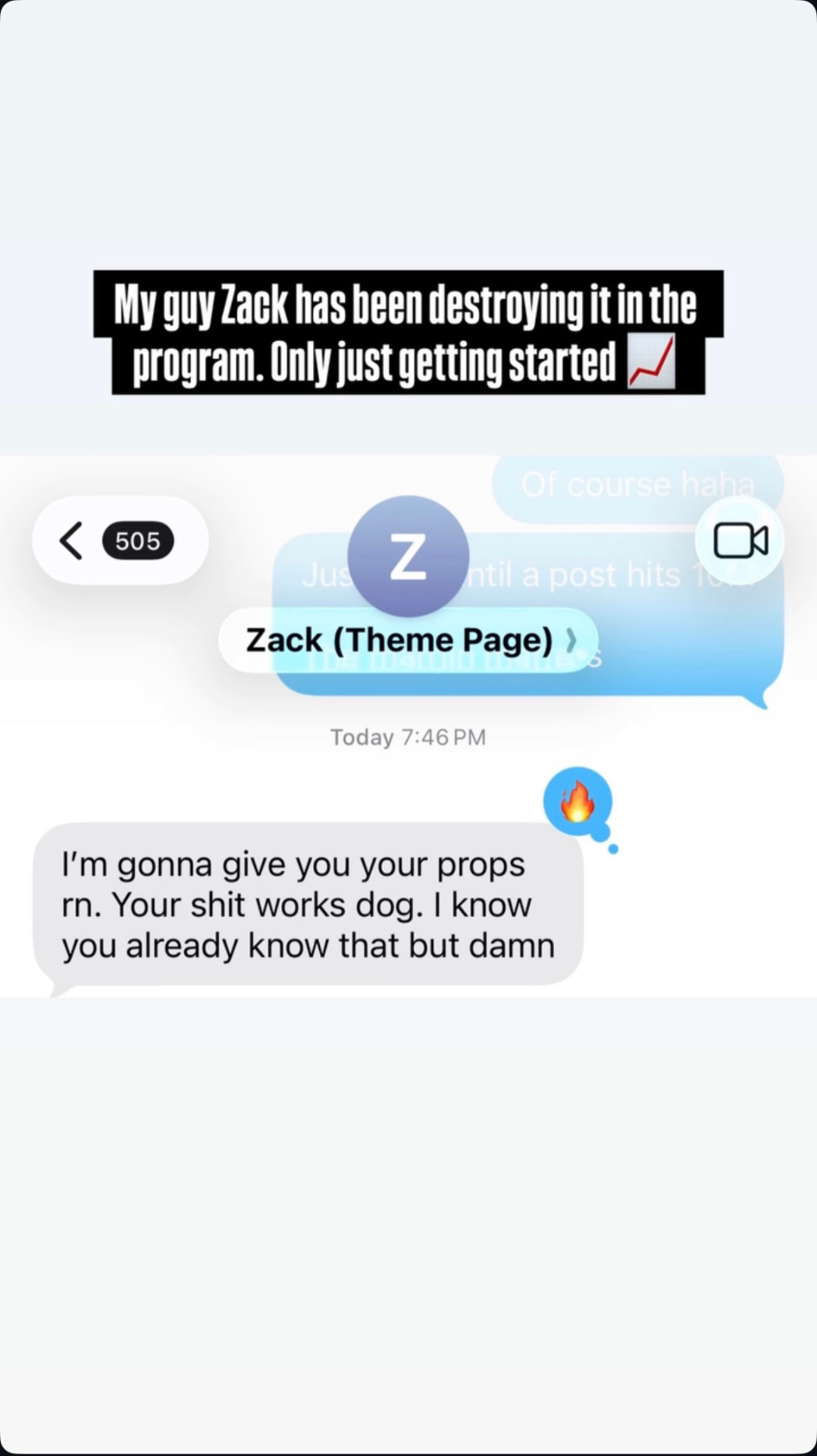 Client win ... Zack (Theme Page), program testimonial